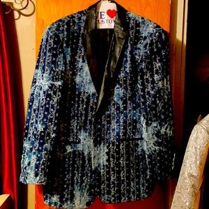 Denim and silver tuxedo jacket with black leather collar